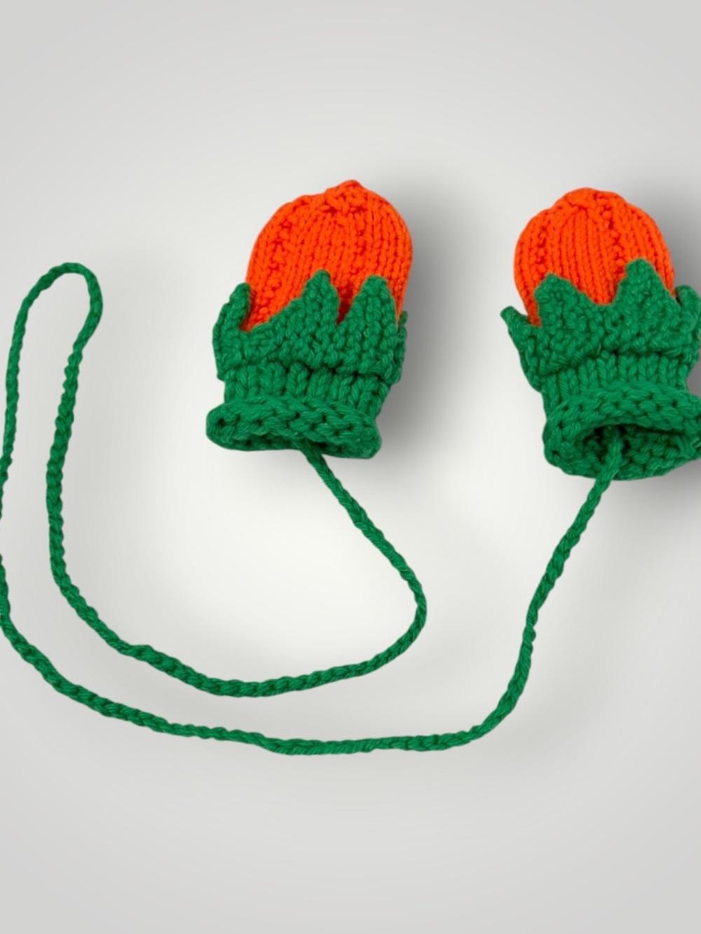 Hand-Knit Orange & Green Kids Mittens with Attached String  0-12 Months - Picture 5 of 10